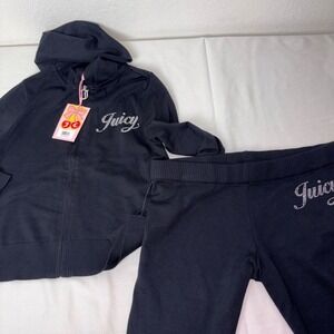 Juicy Couture Black knit Tracksuit Set Rhinestone Hoodie flared Pants medium